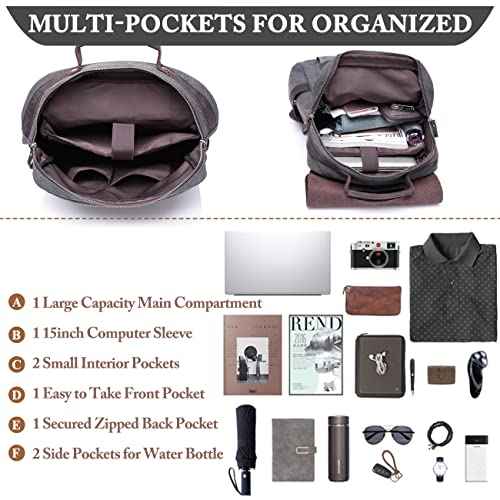 VASCHY Leather Laptop Backpack, Casual Canvas Campus Rucksack with 15.6 inch Laptop Compartment