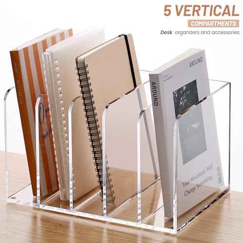 YUXUN Acrylic Magazine Holder,Clear Desk Organizer Vertical File Sorter Holder Stand for Notebook,Paper,Envelope,Magazine, Book Storage-Office/Home/Classroom Organization (5 Compartments,B5)