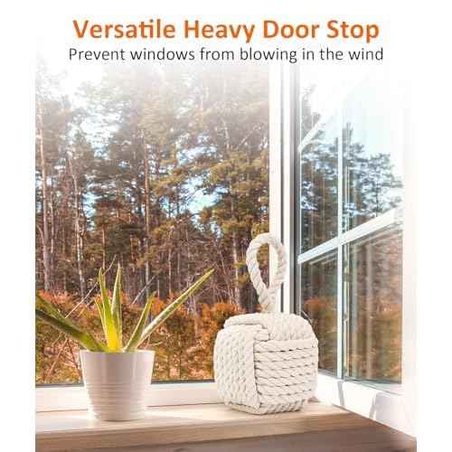 2Pack Decorative Door Stoppers - Cute Rope Knot Design, Heavy Duty Weighted Doorstop with Inside Mount for Home & School, Beige