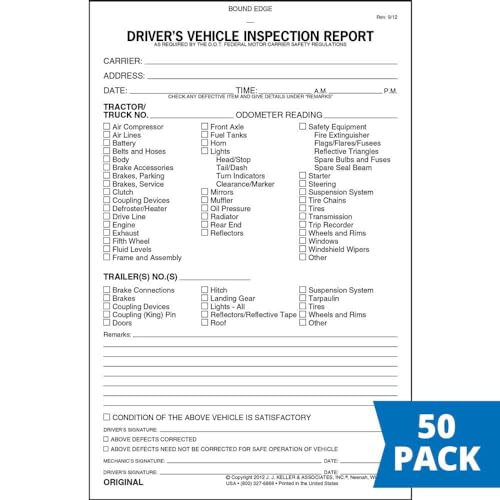 50-Pack DVIR Driver Vehicle Inspection Reports - 31 Sets, 2-Ply Carbon 5.5 x 8.5 in