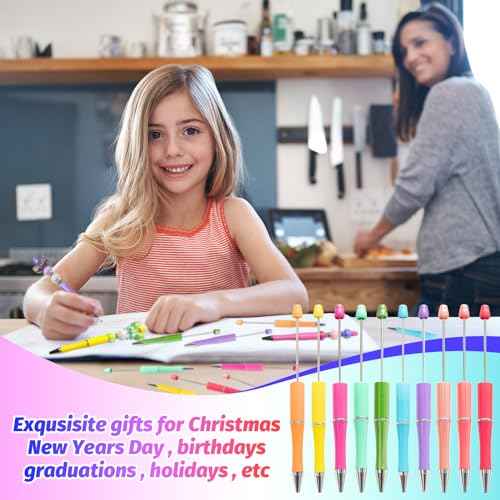 150 Pieces DIY Beadable Pens Kit - 50 plastic Beadable Pens Bulk, Refills & pen bags Included - Beaded Pens Black Ink Ballpoint Cute Pens£¨Bright£©
