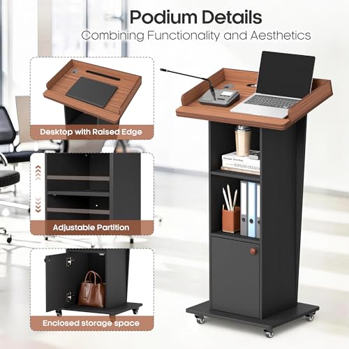 Baoz 15° Tilted Podium Stand with Cabinet & Lockable Wheels (Black-Brown) - Portable Lecture Presentations