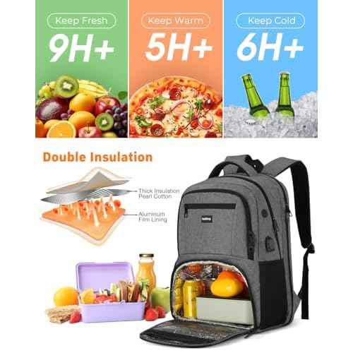 17.3 Inch Insulated Backpacks with Cooler&Laptop Compartment,Travel Backpack with Lunch Box Bookbag for Work,Sturdy College Computer Backpack for Men Women Mochilas Lonchera para Hombre