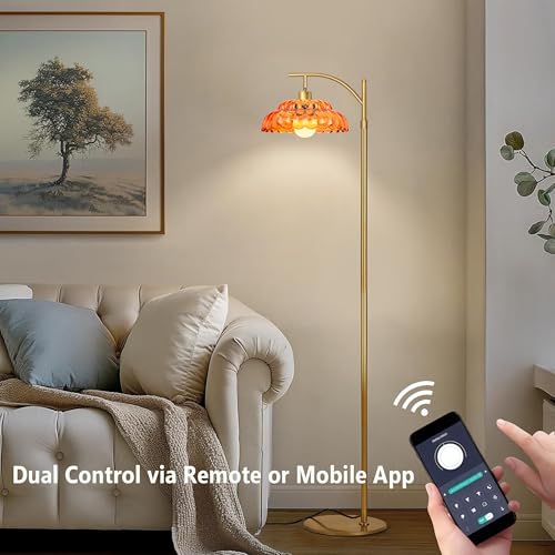 Glass Floor Lamp for Living Room, Standing Lamp with Remote, Dimmable Tall Lamps with Orange Glass Shape, Mid Century Modern Floor Lamps for Bedroom, 12W LED Bulb Included