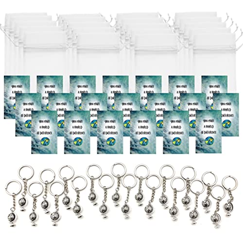 Smiling Wisdom - 20 Bulk Gifts - You Make A World of Difference Appreciation Mini 3.5x2in Cards & Globe Gifts - Men Women Staff Employees Team - 60pcs - Silver Globe Keychains