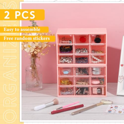 Wenqik Pink 2-Piece Mini Drawer Storage Organizer with 9 Clear Compartments