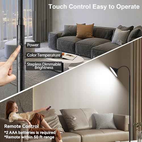 76" LED Floor Lamp, 18W/1800LM Super Bright Reading Standing Lamp,Stepless Dimmable&Adjustable Color Temperature 2700K-6500K w/Remote& Touch Control Lamps for Living Room Bedroom Office Black