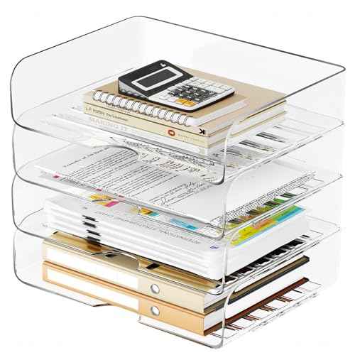 Tomorotec Desk Letter Tray Set, A4 Size Clear PET Stackable Document Organizer Office Desktop File Paper Holder Book Storage Rack Side Load Anti-Skid Stacking Support Convex Bottom (4X Landscape)