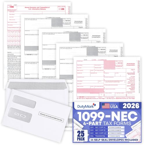 Dutymark 1099 NEC Forms 2026 Kit with 25 Copy Sets & Envelopes