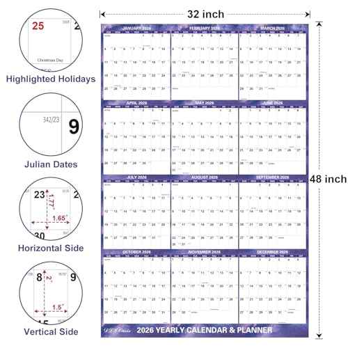 32" x 48" 2026 Wall Calendar Dry Erase - Folded Large Starry Sky Wall Calendar 2026, Wet & Dry Erasable, Laminated 12-Month Annual Yearly Planner, Reversible, Horizontal/Vertical, Purple