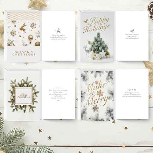 easykart labels Boxed Christmas Cards Assortment, White and Gold (48 Cards and 48 Envelopes) 6.75 x 4.5 Inch with Seal Stickers