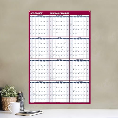 AT-A-GLANCE 2026 Erasable Calendar, Dry Erase Wall Planner, 36" x 24", Large, Vertical/Horizontal, Reversible, Includes Marker (PM262826)
