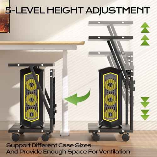 24In Large PC Stand, 5 Levels Height Adjustable Computer Tower Stand with Wheels and Hooks, CPU Holder Cart for Floor, Carpet and Under Desk, Easy Assembly£¨NOT Including Power Strips£©