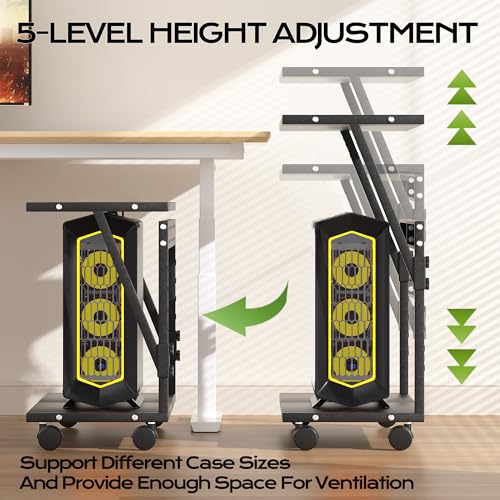 Tyfnry 24In Large PC Stand Black, 5-Level Height Adjustable CPU Holder Cart with Wheels & Hooks