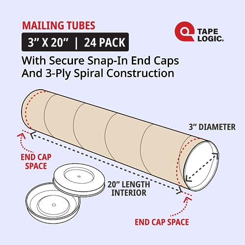 Tape Logic Kraft Cardboard Tubes with Caps - 3" x 20", 0.07 Thickness, Pack of 24