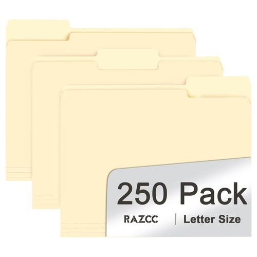 File Folder, RAZCC 250 Pack 1/3 Cut Tab File Folders Letter Size, Manila Folders, Folders with Tab, Great for Organizing and Easy File Storage