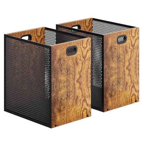 Retro Office Trash Can, Iron and Wood Combination Bedroom Garbage Can, Rectangular Design Wastebasket with Handle, Industrial Style Trash Can for Home Office, 11.02" X 7.87" X 11.81" 4.5 Gallon (2)