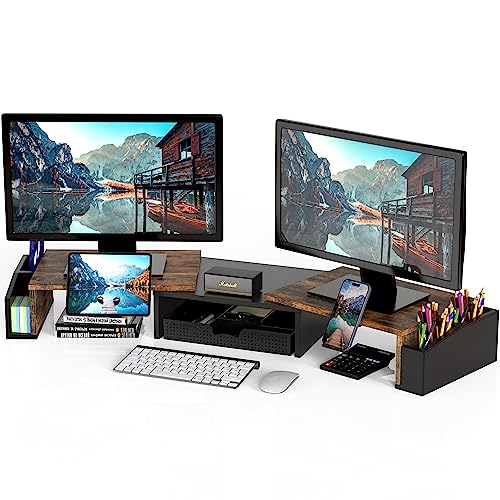 Simple Houseware Rustic Brown Dual Monitor Stand Riser with Drawer & Phone Holder