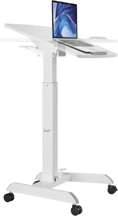 AVLT Height Adjustable Mobile Workstation - Pneumatic Standing Desk Cart with Tilting Desk | 47" White Finish