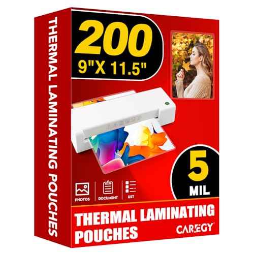 CAREGY 5 Mil Thermal Laminating Pouches (200 Pack) - 9x11.5 Inch Laminating Sheets for 8.5x11 Documents, Clear,Office & School Laminator Supplies