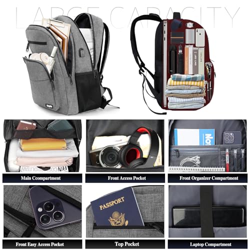 Backpack for Women Men, School Backpack for Boys Girls Teens, 17.3 Inch Laptop Backpack with USB Port, College Middle High School Bookbag, Water Resistent Business Mochila para hombre, Grey
