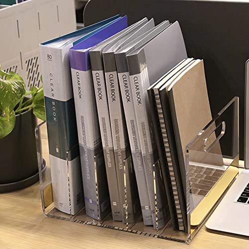 Mouchoi Modern Acrylic Desk File Organizer, Clear File Organizer, Acrylic Magazine Holder, 5 Compartments, Gold Trim