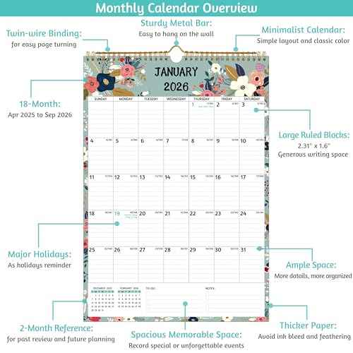 Wall Calendar 2025-2026 ? Jul.2025 - Dec.2026, Calendar 2025-2026 Wall, 18 Monthly Calendar, 12 x 17 In, 2026 Calendar with Large Blocks, Thick Paper, Holidays, To-do £¦ Notes, Great for Organizing