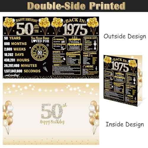 Large 50th Birthday Card With Envelope, Black Gold Happy 50th Birthday Giant Guest Book Gifts for Men Women, Giant Fifty Bday Card Gifts Party Supplies, The Year 1975 Jumbo 50 Bday Card
