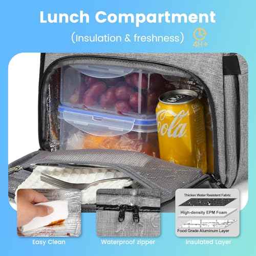 Lunch Backpack, Insulated Cooler Backpack Lunch Box for Men Women, 15.6 Inches RFID Blocking Laptop Backpack with USB Port for Work Travel Picnics Hiking Grey