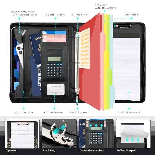 Ospelelf Leather Portfolio Folder with Zipper - 3 Ring Binder with Clipbard - Calculator, 12.1¡± Tablet Sleeve, 5 Dividers with 10 Pockets, Refillable Notepad, Card Holder (Bushes)