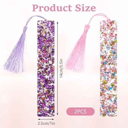 2 Pcs Bookmarks for Girls, Glitter Resin Bookmarks Transparent Kids Art Bookmark with Colorful Silk Tassels for Women Girls Book Lovers Reading Presents