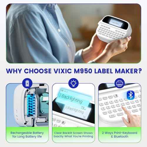 Label Maker Machine with Tapes, Label Makers with Battery, Rechargeable Label Maker with Waterproof-Labels, Portable Bluetooth Labeler Backlit Screen, Handheld Label Machine for Home Office, PTM950