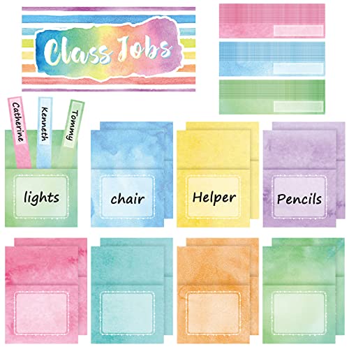Watercolor Classroom Jobs Bulletin Board Set with 75 Pieces - Teacher Decor