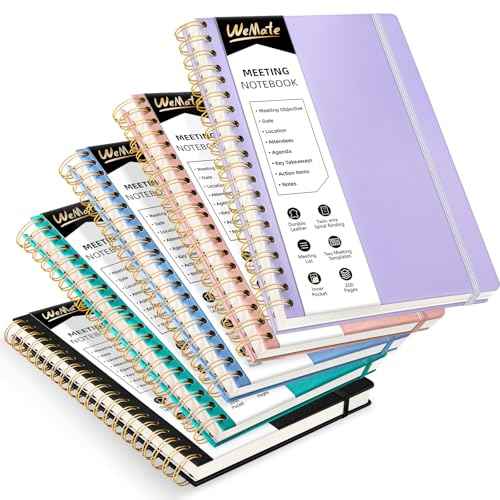 WEMATE 5 Pack Meeting Notebooks for Work£¨7"x10"£© 200 Pages, PU Leather Notebook with Action Items & Note, For Staff & Students, Meeting, Projects Planning- Light Purple, Blue, Rose Gold, Green, Black
