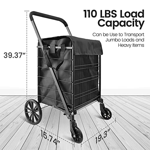 SereneLife Folding Grocery Utility Shopping Supermarket Cart with 360 Rolling Swivel Wheels, Large Capacity 110 lbs, Portable, Collapsible Compact Folding, for Grocery, Laundry, Luggage