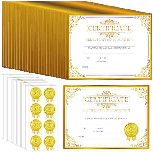 Yeaqee 200 Pcs Certificate of Recognition Certificate Paper with Gold Sticker Seals Pre Printed Award for Graduation Diploma Achievements Students Teachers Employees Gift, 8.7 x 11 Inch