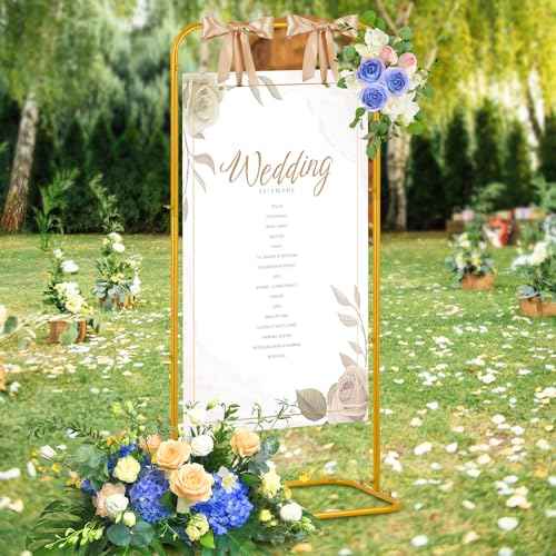 FACULX Wedding Welcome Sign Holder, Welcome To Our Wedding Sign Stand with Satin Ribbon and Bundle, Heavy Duty Easel Stand for Sign, 59x33x13.7 Metal Floor Standing Easels for Signs, Poster - Gold