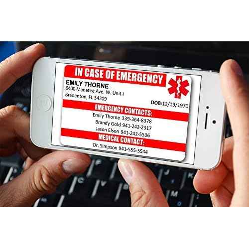 Customized Emergency Contact Wallet Card ? Durable PVC ID with Printed Emergency Info, Free Digital Copy, and 5 Fillable Medical Info Cards ? ICE In Case of Emergency Card ? Made in USA