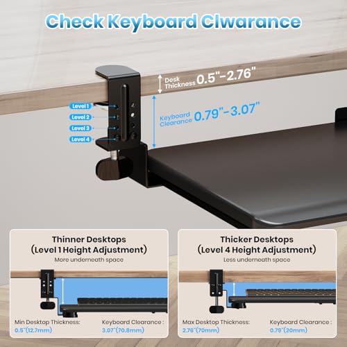 Large Keyboard Tray That Slides Out from Under The Desk, Pull Out with Adjustable C-clamp, 25.6 (31.5 Including Clamps) x 11.8 Inch Computer Keyboard Drawer Mouse Tray for Typing, Black