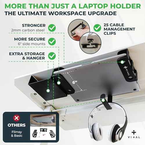 VI+AL Under Desk Laptop Mount - Hidden Metal Shelf with Side Storage, Hook & Cable Organizer - Installs with Tape & Screws - Fits Devices up to 1.7" Thick - Deluxe