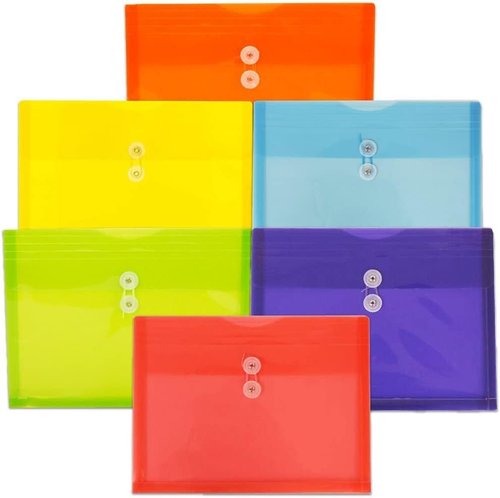 JAM PAPER Plastic Envelopes - Button & String Tie Closure - 9 3/4 x 13 Inches - Assorted Primary Colors - 6 Pack