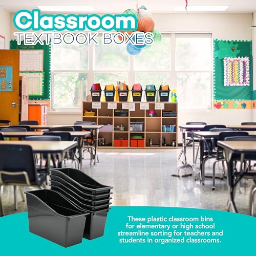 4E's Novelty 6 Durable Book and Binder Holder, Files Book Bins for Classroom, Plastic Vertical Storage Book Organizer Folder Office Classroom Organization Containers Supplies (Black)