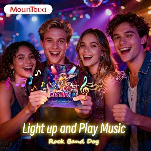 Birthday Card, Funny Birthday Cards for Men Women Kids, Exquisite MUSICAL & SHAKING & LIGHTING Rock Band Dog Pop-up Greeting Card Gifts with Envelope, 6.1 x 6.1 Inch