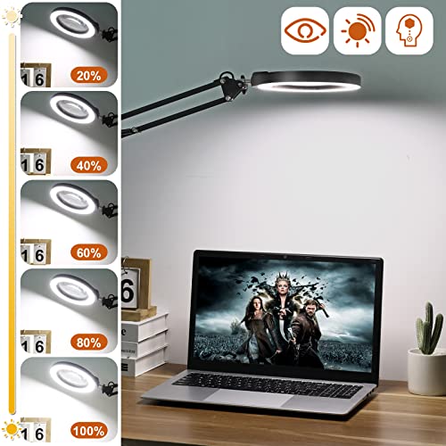 VEEMAGNI 5 Inch Large Magnifying Glass with Light and Stand, 5 Color Modes Stepless Dimmable, 2*16 Inch Swivel Arm LED Clamp Desk Lamp, Hands Free 10X Lighted Magnifier for Close Work Crafts Soldering