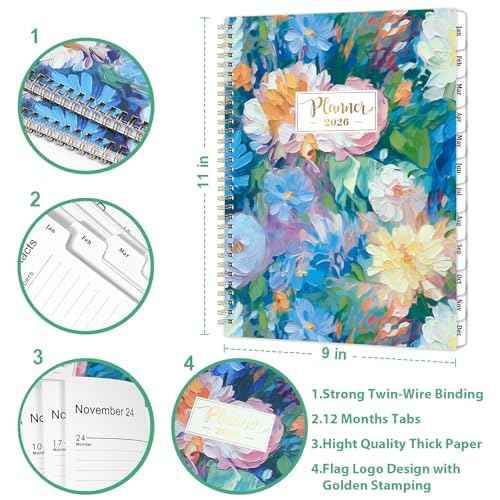 2026 Planner - 2026 Planner Daily Weekly and Monthly, Jan 2026 - Dec 2026, 8.5" x 11", Colorful Tabs, Back Pocket, Perfect Daily Organizer - Floral