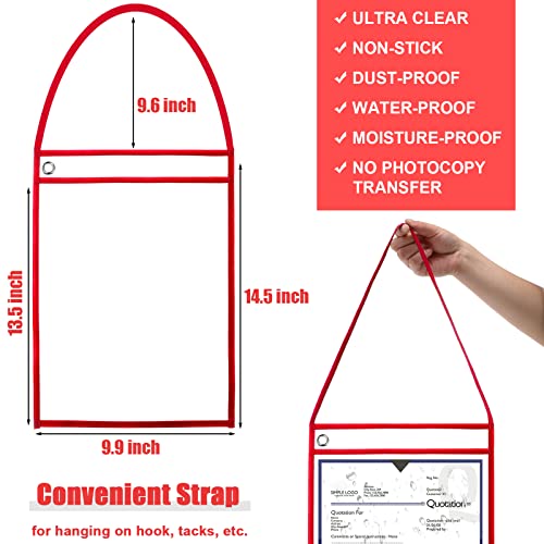 Geyee 50 Pack Job Ticket Holders Work Order Pockets for 9 x 12 Inch Hanging Sleeve Plastic Shop Ticket Holders with Strap, Both Sides Clear(Red)