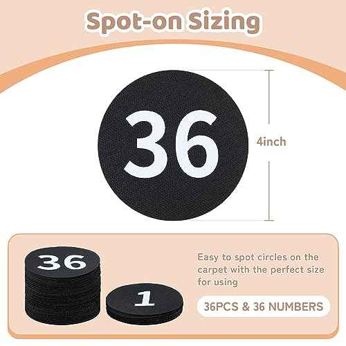 36 Pack Black Carpet Floor Circle Sit Markers with Numbers 1-36, Classroom Spot Markers for Teachers, Students, Kids - 4 Inch Floor Dots for Home, Elementary, Preschool