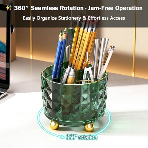 GOTOBA Dark Green Pen Pencil Holder for Desk, 6-Compartment Rotating Organizer