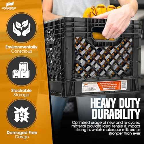 Juggernaut Storage 2-Pack Stackable Heavy Duty Milk Crates with Handles, 16 Qt, Black - Organizing Plastic Crate Basket for Grocery Shopping, Home Supplies, and Bathroom Accessories