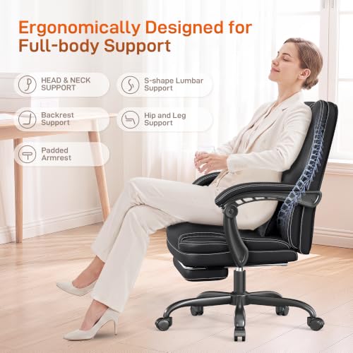 Ergonomic Executive Office Chair with Foot Rest – Headrestless, Black